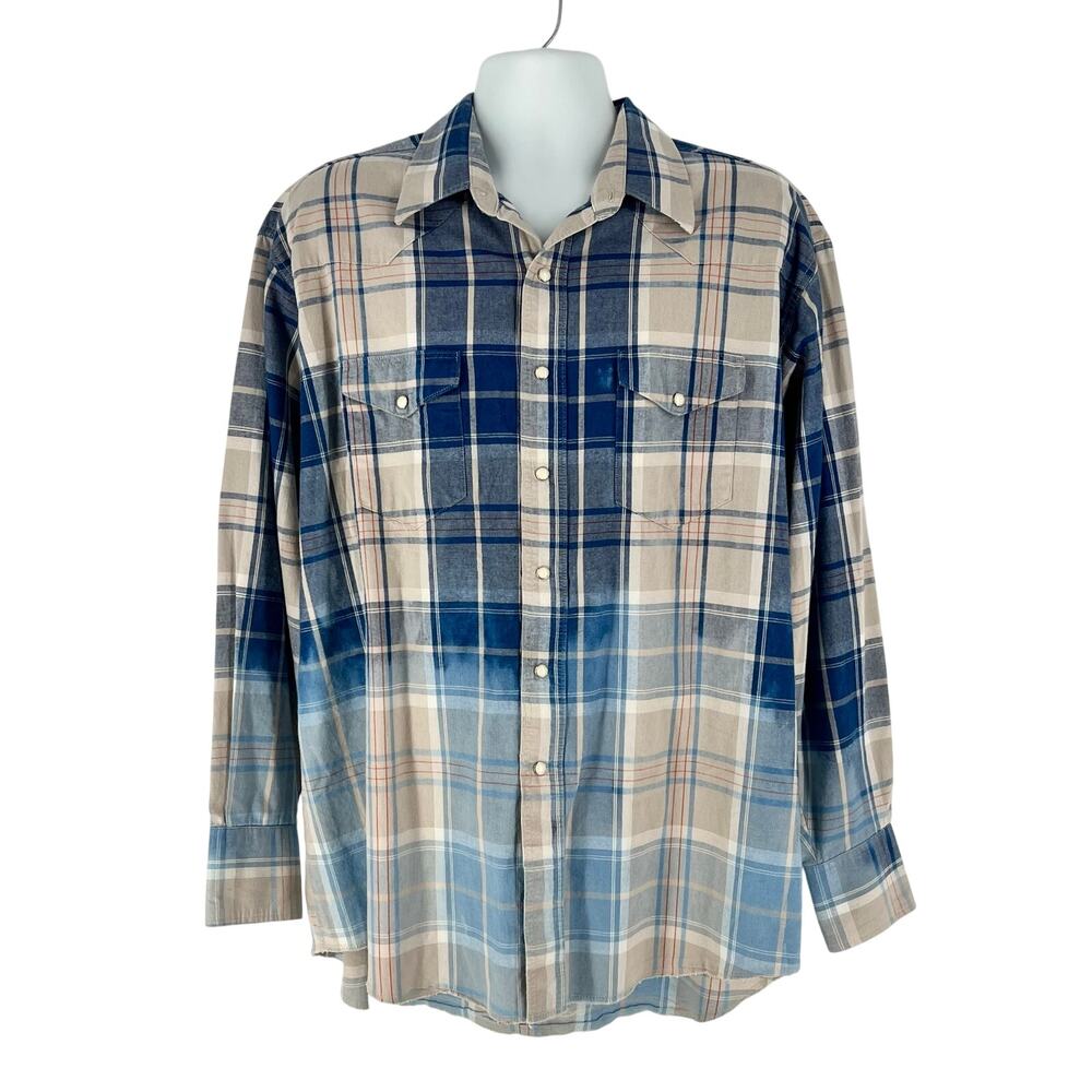 Wrangler Western Shirt Pearl Snap Plaid Bleached 18.5 x 36